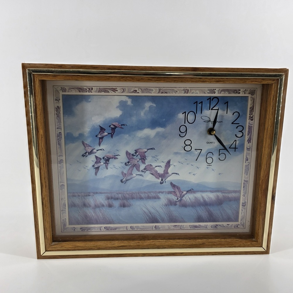 Vnt Ingraham Quartz Clock Framed‎ Wall Art 14" X 11"   Birds 1957 Canadian Geese